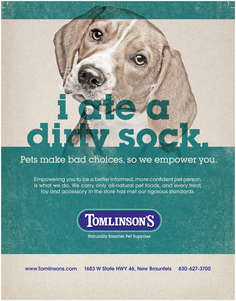 Tomlinsons Pet Store dog ad I ate a dirty sock